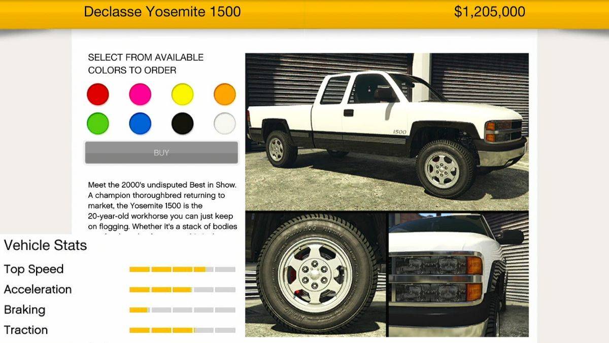 The new Declasse Yosemite car that's part of the Bottom Dollar Bounties dlc for GTA Online.