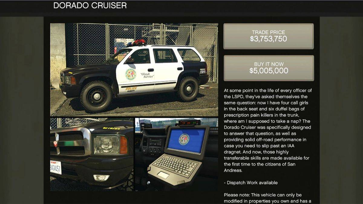 The new Dorado Cruiser police car that's part of the Bottom Dollar Bounties dlc for GTA Online.