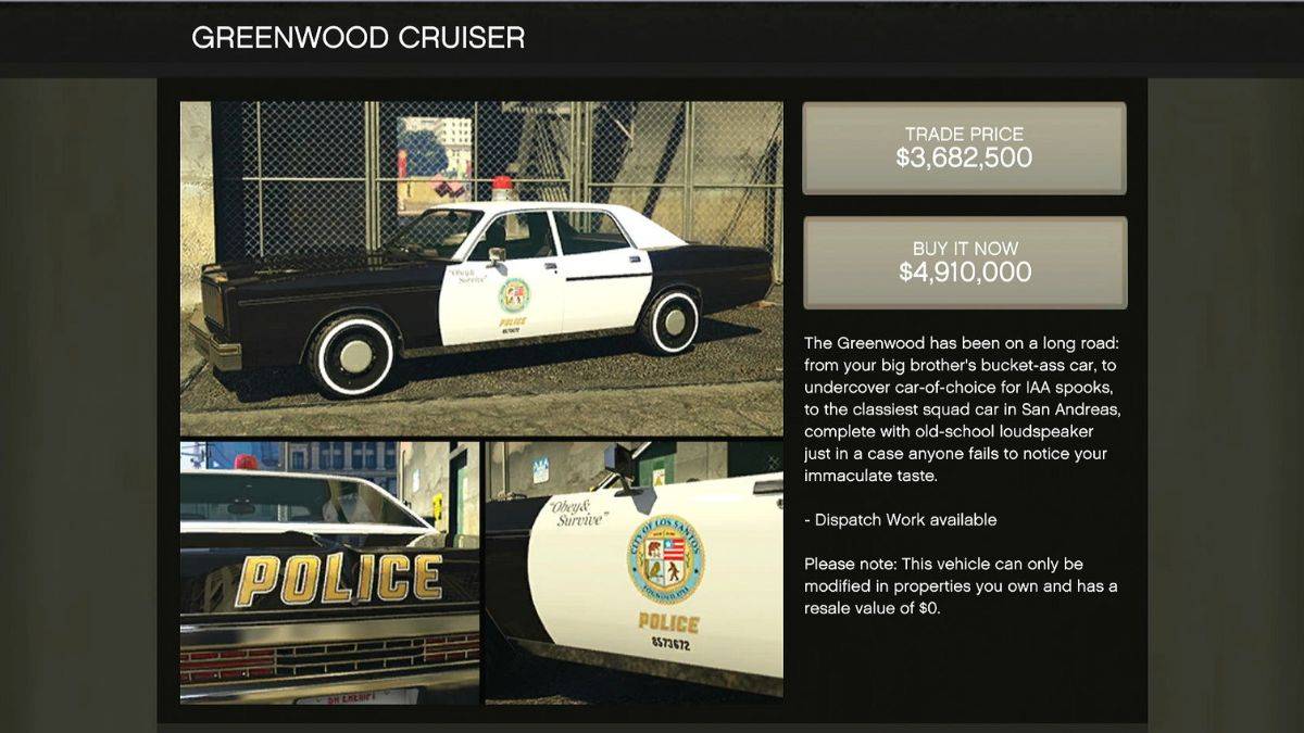 The new Greenwood Cruiser police car that's part of the Bottom Dollar Bounties dlc for GTA Online.