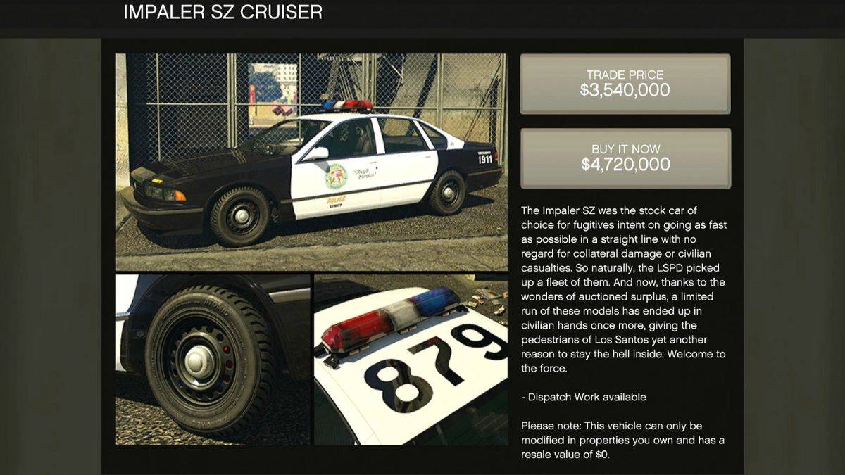 The new Impaler SZ Cruiser police car that's part of the Bottom Dollar Bounties dlc for GTA Online.