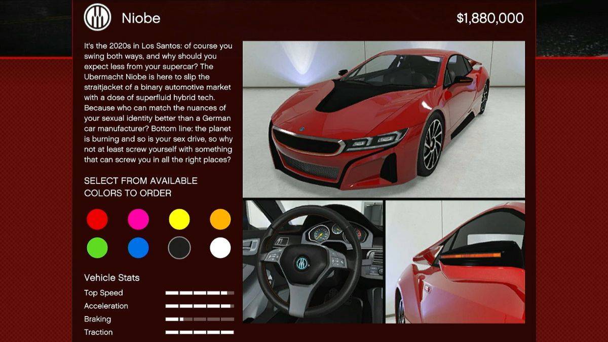 The new Ubermacht Niobe car that's part of the Bottom Dollar Bounties dlc for GTA Online.