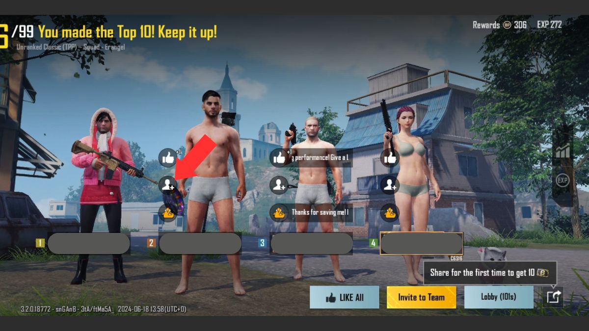 Post game screen in PUBG with an arrow showing the add friend button.