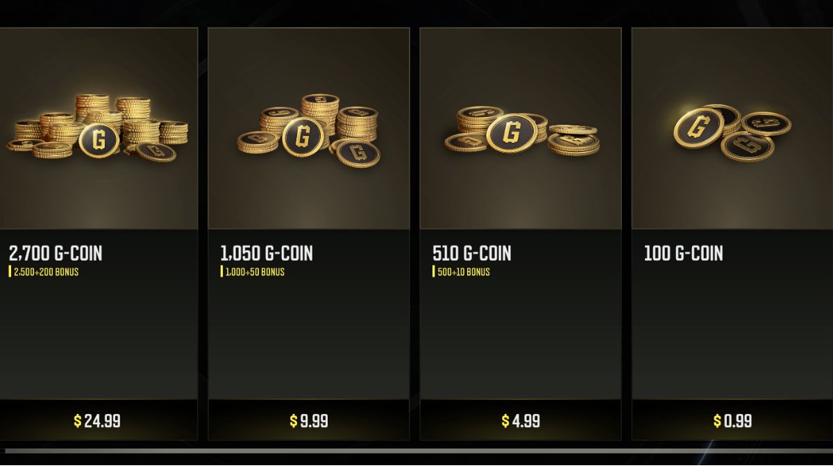 Four G-Coins options in the PUBG store, starting from $0.99 up to $24.99