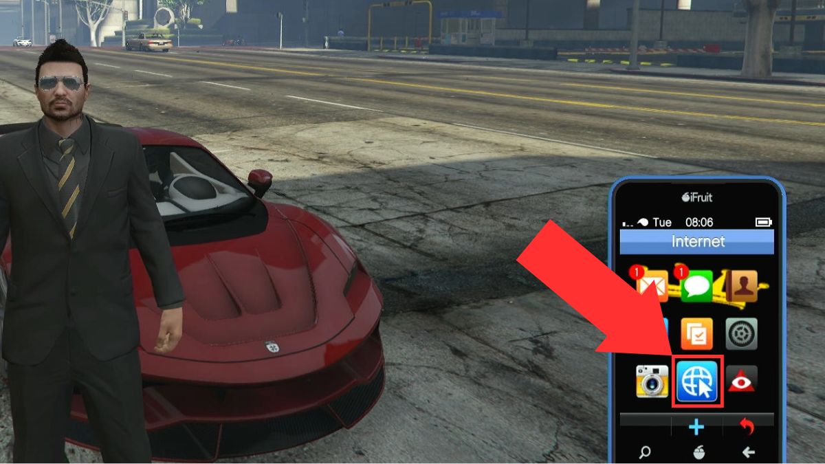 An arrow showing how to buy a business using your phone in GTA V Online