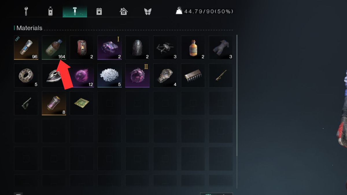 The inventory screen in Once Human showing a large haul of acid while farming. 