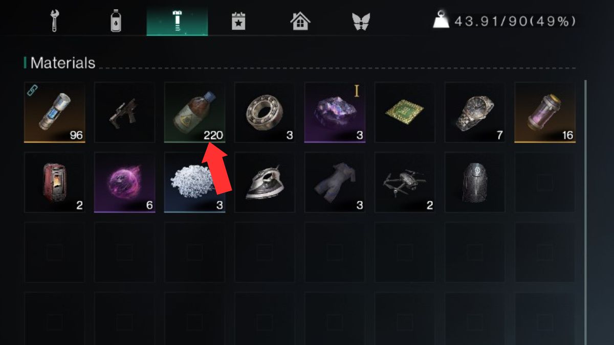 The inventory screen with an arrow showing a huge haul of Acid while farming in Once Human.