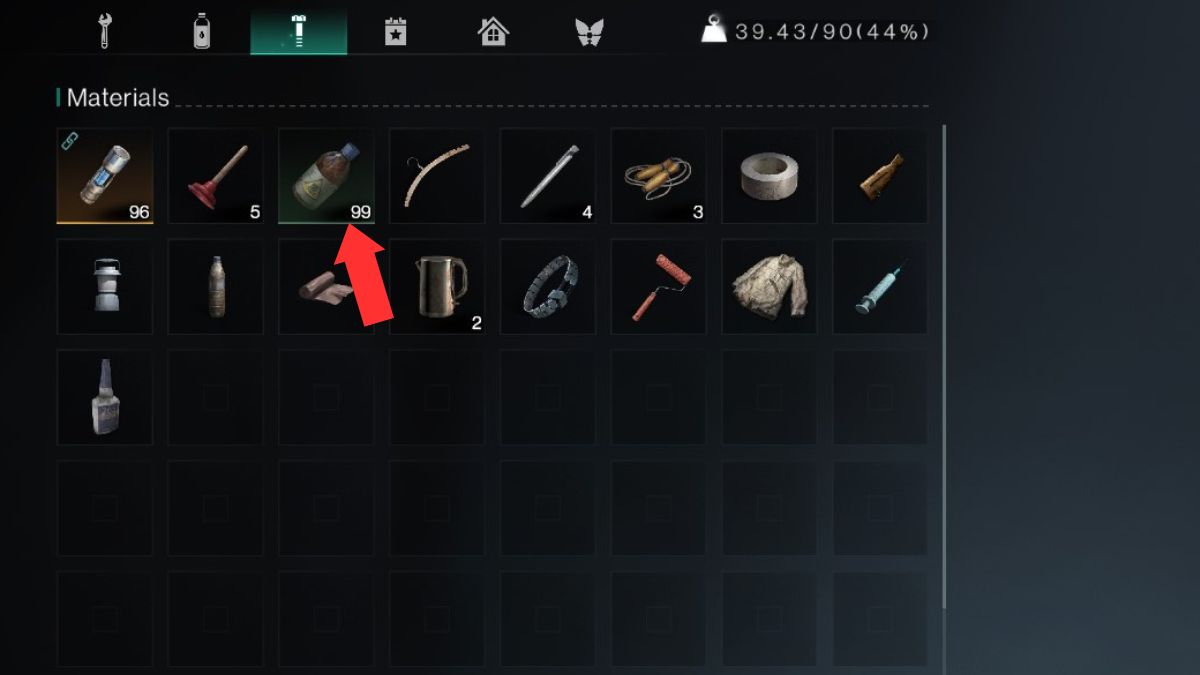 An arrow in the inventory screen in Once Human showing a moderate haul of Acid while farming. 