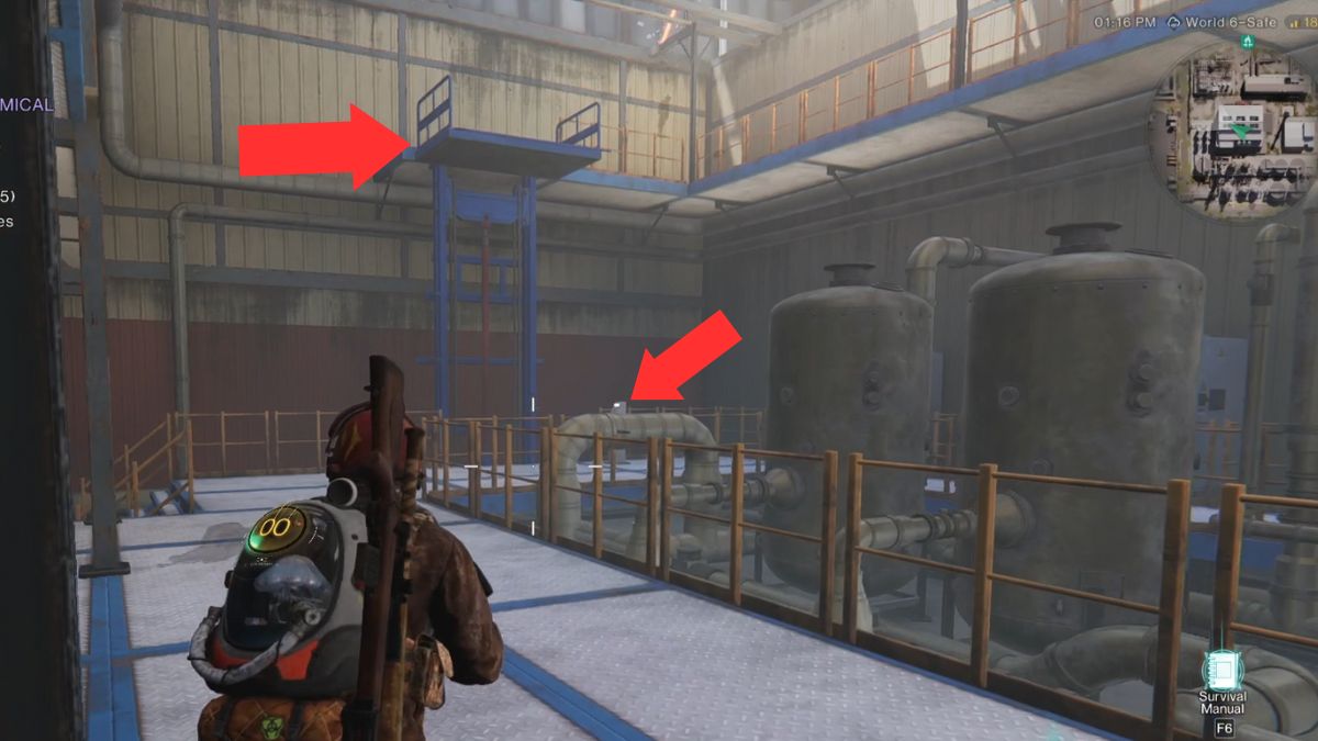 Arrows pointing out the blue elevator that leads to the Mystical Chest at the Sutherland Chemical Plant, and the control panel to use.