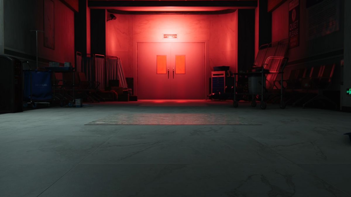 A creepy scene from the Arachsiam fight in Once Human, featuring a red door in a hospital. 