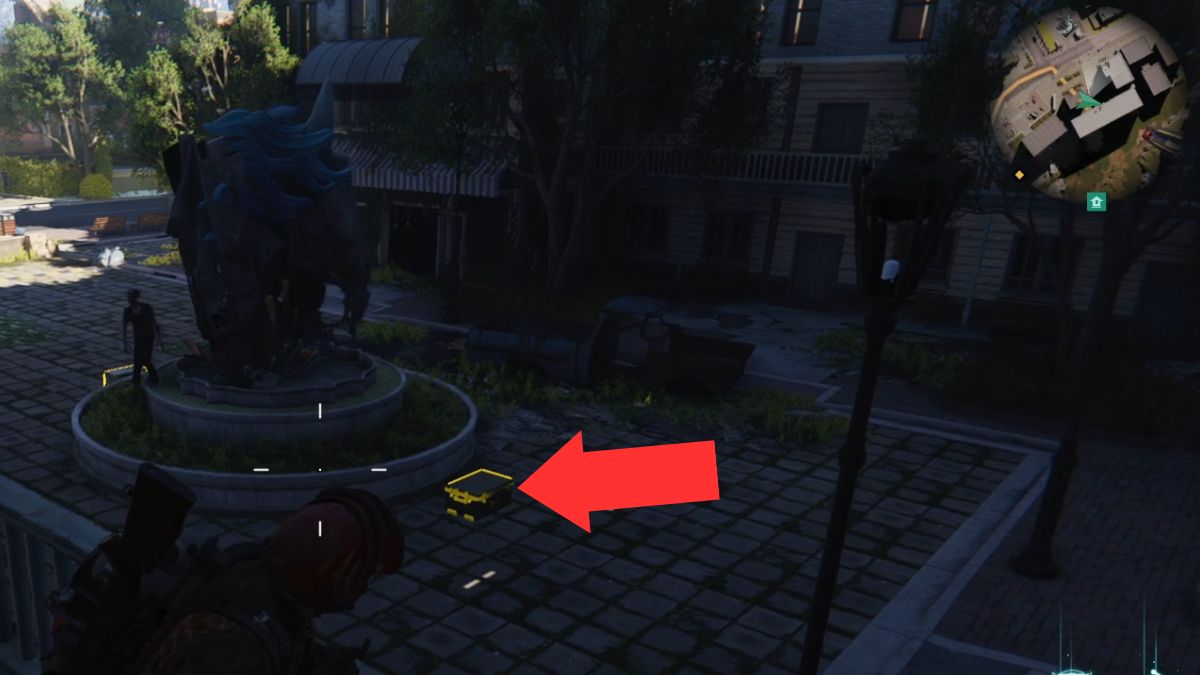 A gear crate near a broken statue at Dayton Hospital in Once Human.