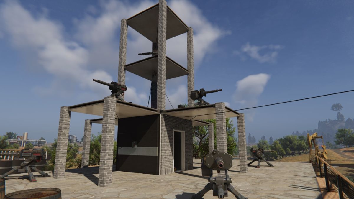 An example of base defense on Once Human with a large gun tower as the focus. 