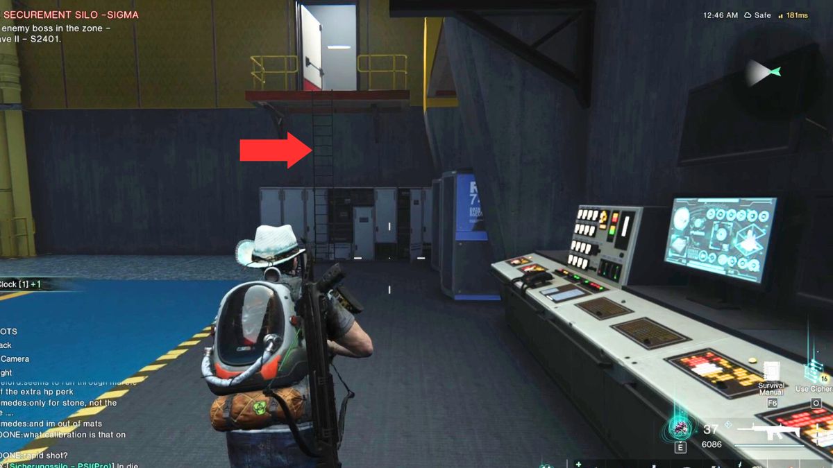 An arrow pointing out a ladder that leads to a secret area in Securement Silo Sigma in Once Human. 
