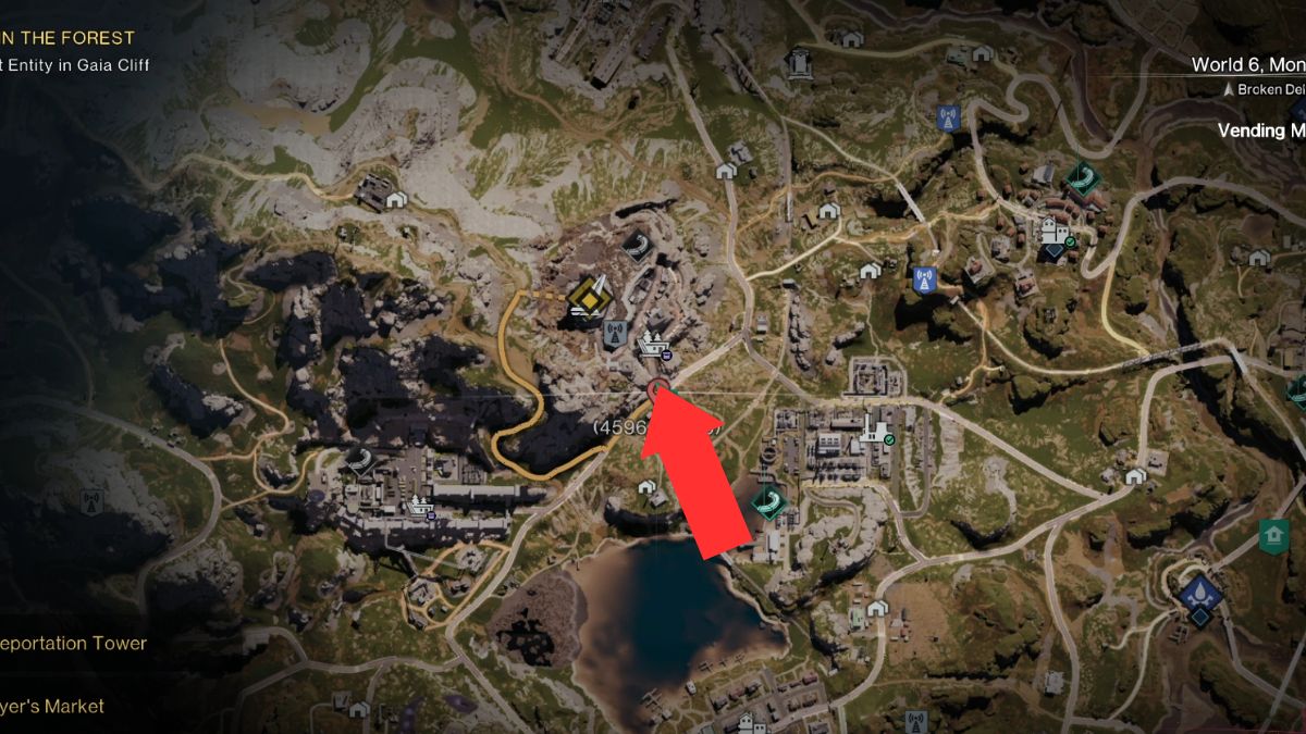 Map and an arrow showing where to enter the Gaia Cliff Monolith Danger Zone in Once Human.