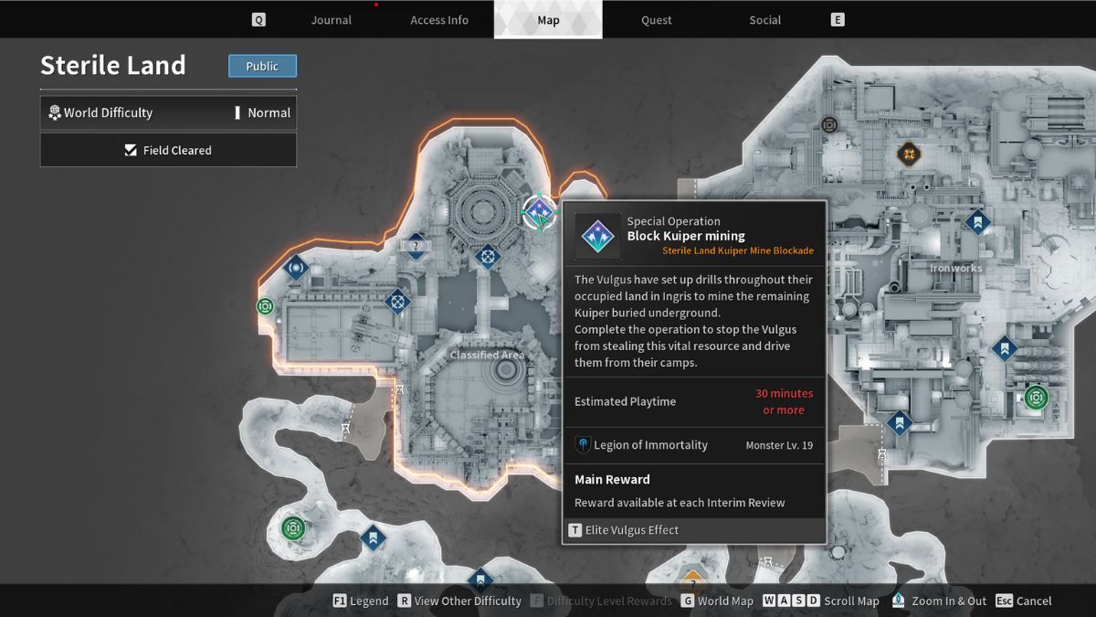 A map showing the location of the Kuiper BLock Mining Special Operation in The First Descendant which helps to farm gold. 