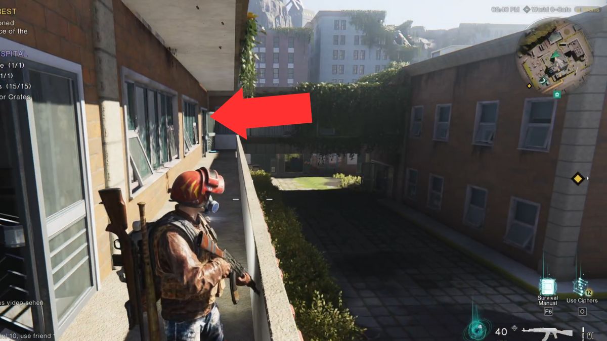 An arrow showing the location of a gear crate at Dayton Hospital in Once Human.