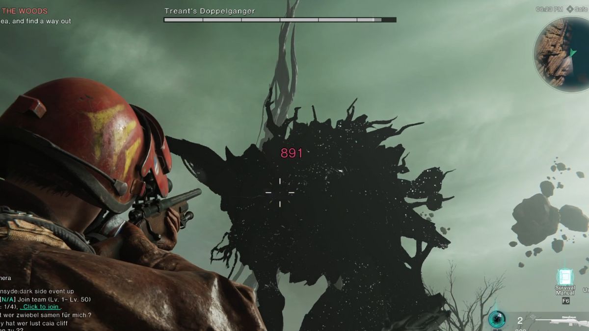 A player is fighting the Treant's Doppleganger while using a rock as cover.