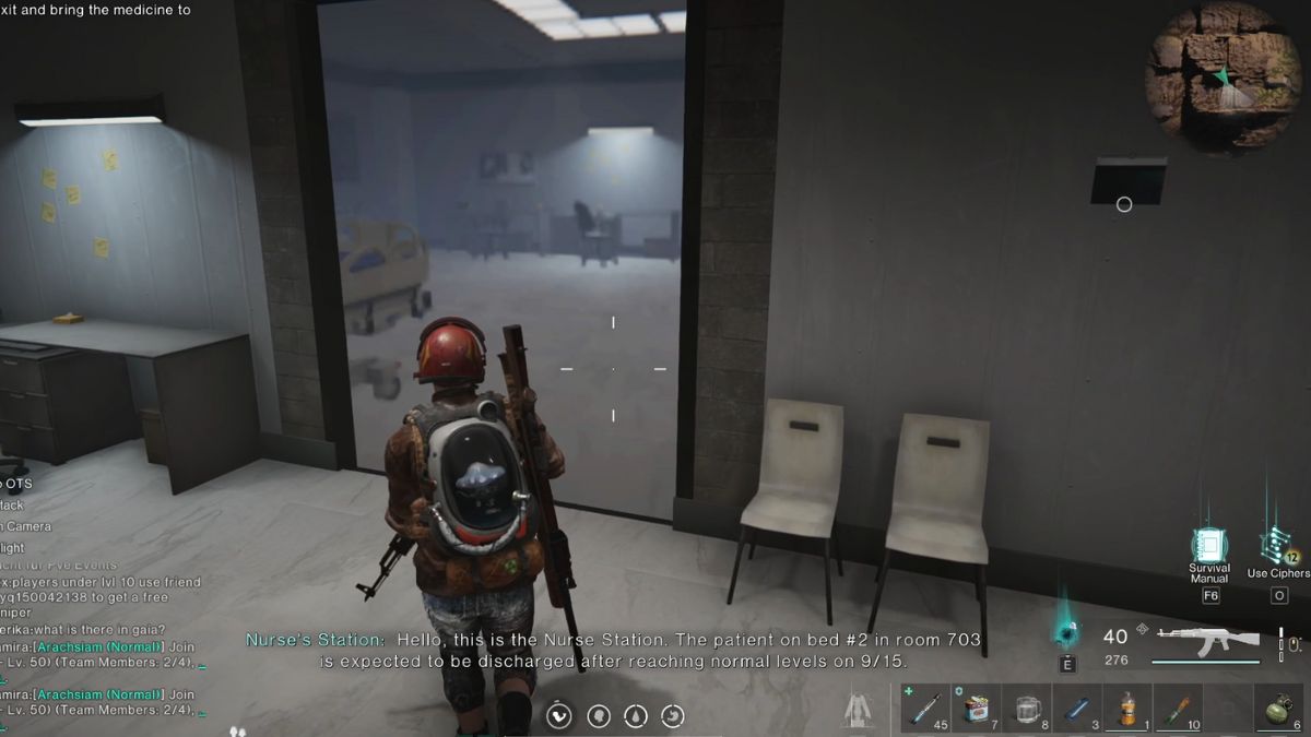 A player in the puzzle room for the quest at Dayton Hospital in Once Human.