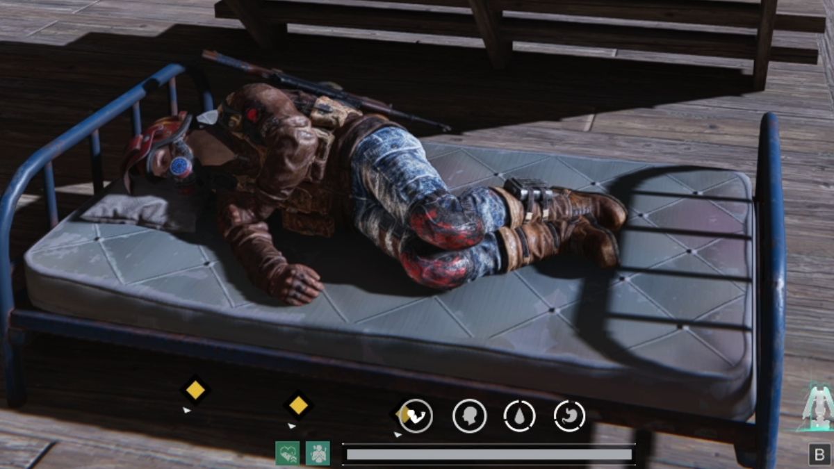 A player in Once Human sleeping on a bed and showing how to restore sanity.