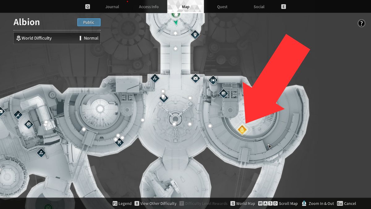 Albion map showing where to upgrade your mastery rank at the Prime Hands terminal in The First Descendant.