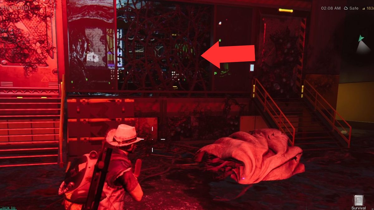 An arrow highlights the vines that hide a secret chest in Securement Silo PHI in Once Human.