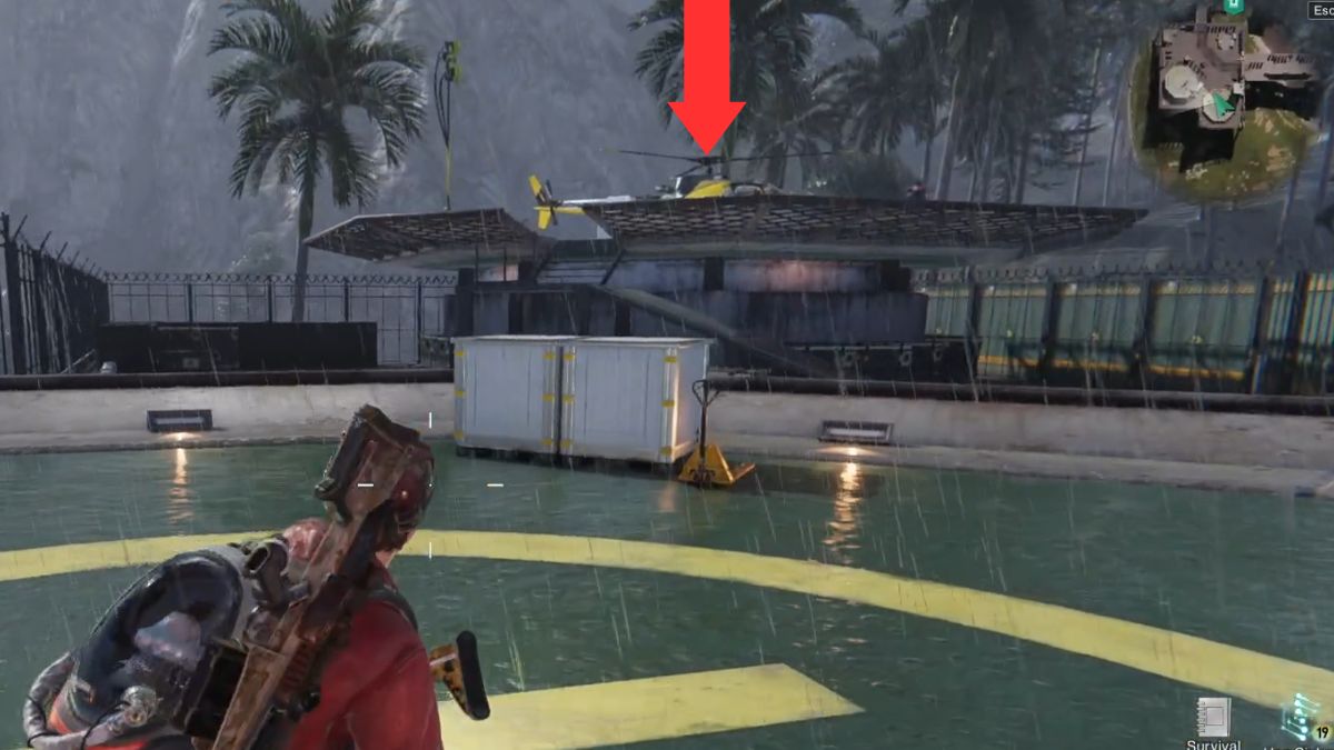 An arrow highlights the position of another weapon crate near a helicopter at Gaia Military Base in Once Human.