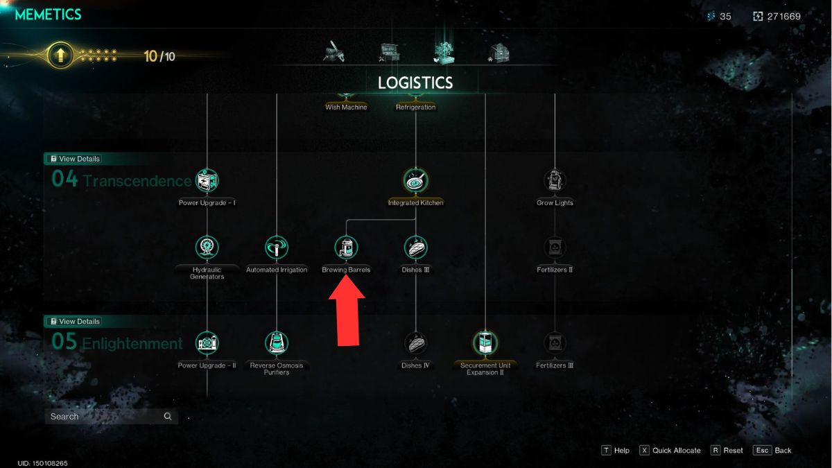 The Memetics Screen in Once Human with the brewing barrels highlighted by an arrow for Acid farming.