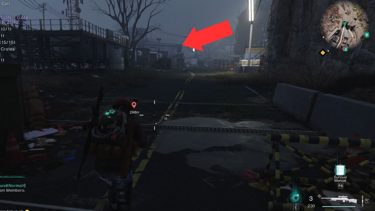 An arrow pointing out the building on top of which the Mystical Crate can be found at the Gaia Cliffs Danger Zone in Once Human.