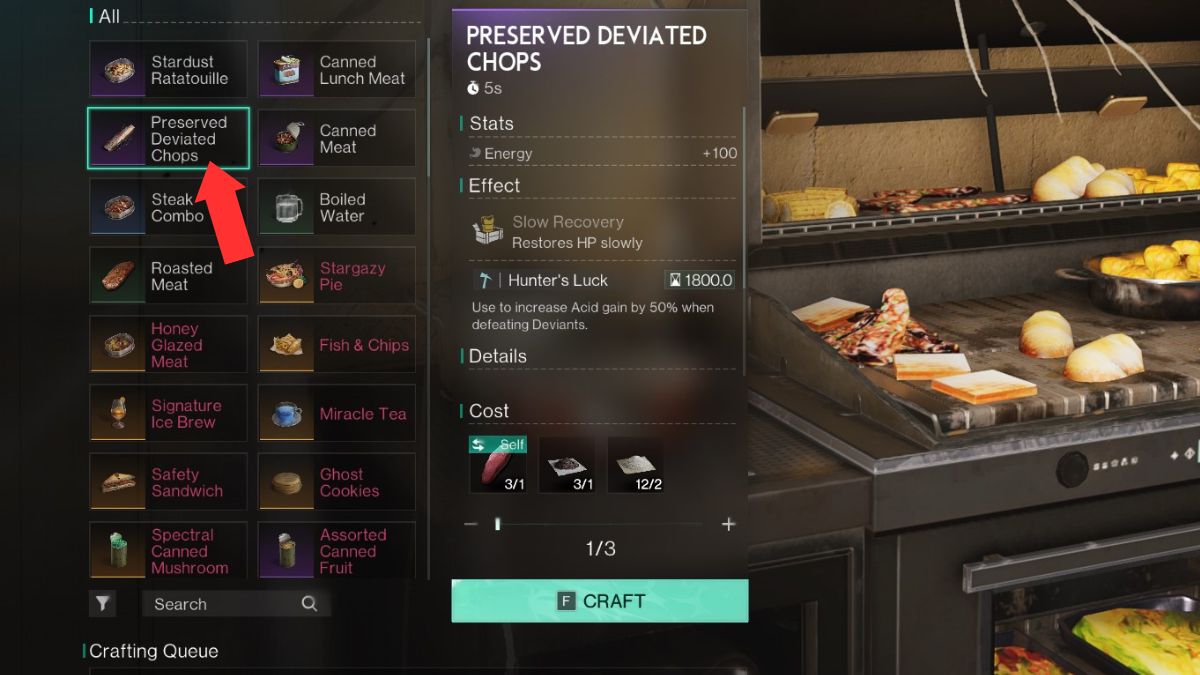 The cooking menu in Once Human with an arrow showing the location of food that helps to speed up acid farming. 