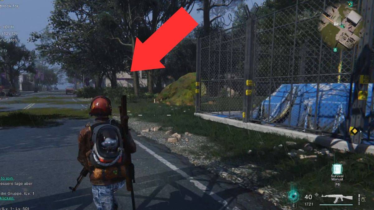 A player enters Highland while an arrow shows the location of the first crate, a gear crate.