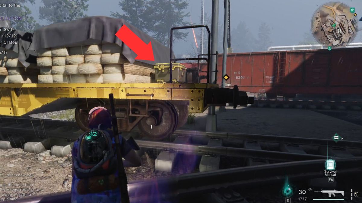An arrow showing the location of the Gear Crate at Refinery Pollution Point in Once Human.