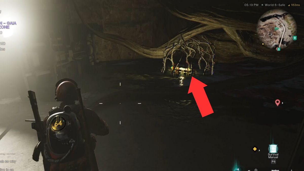 An arrow showing the location of the Weapons Crate at the Gaia Cliff Danger Zone in Once Human.