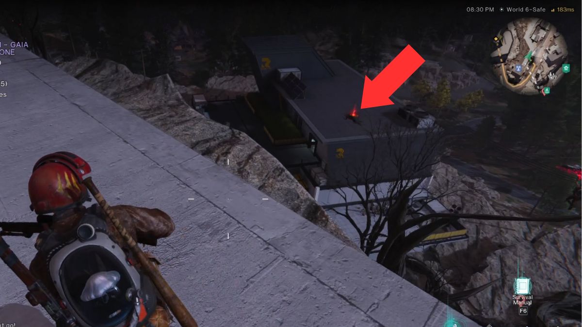 A player gliding down to the Mystical Crate at the Gaia Cliffs Danger Zone in Once Human with an arrow pointing out it's location.
