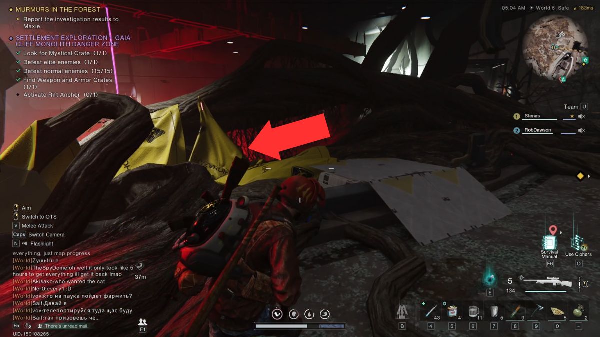 An arrow showing the path to the Gaia Cliff Danger Zone Rift Anchor.