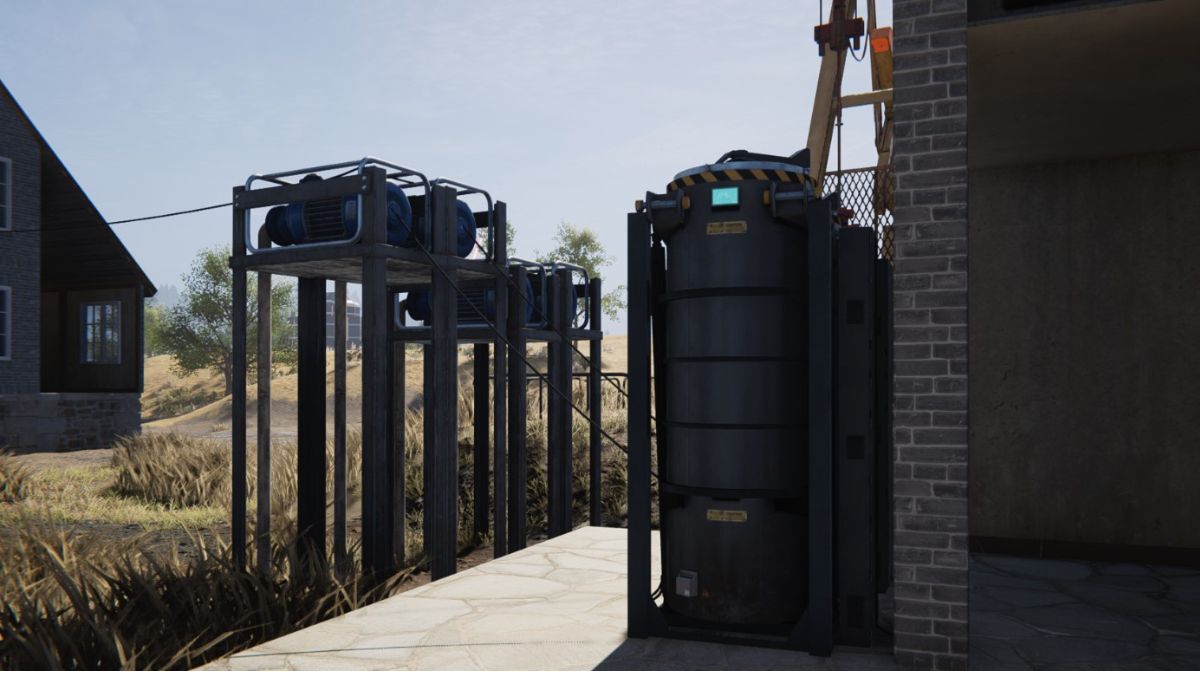 An oil production setup with water pumps and refining facilities at a player's house in Once Human.