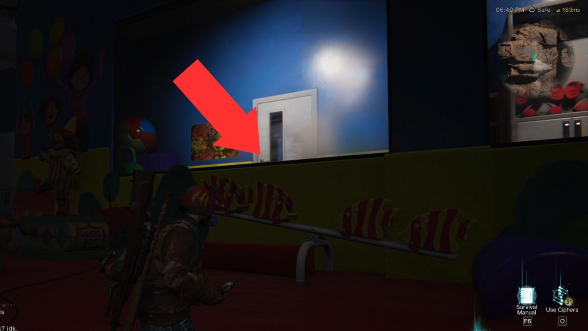 An arrow points out the location of the other clown in the Chuckles the clown Junkyard quest in Once Human.