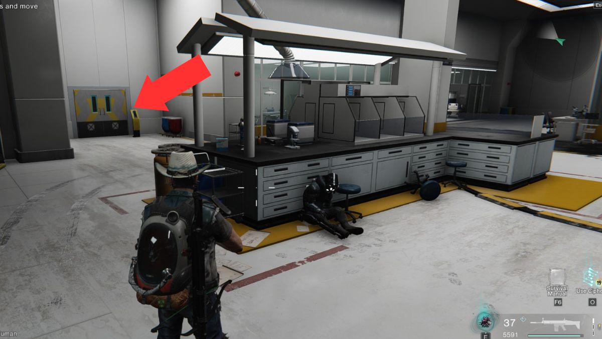 A secret room at Securement Silo EX1 marked with an arrow in Once Human.