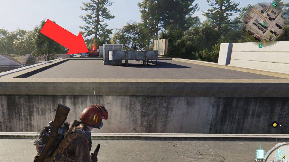 An arrow points out the location of the Mystical Crate on a roof at Highland in Once Human.