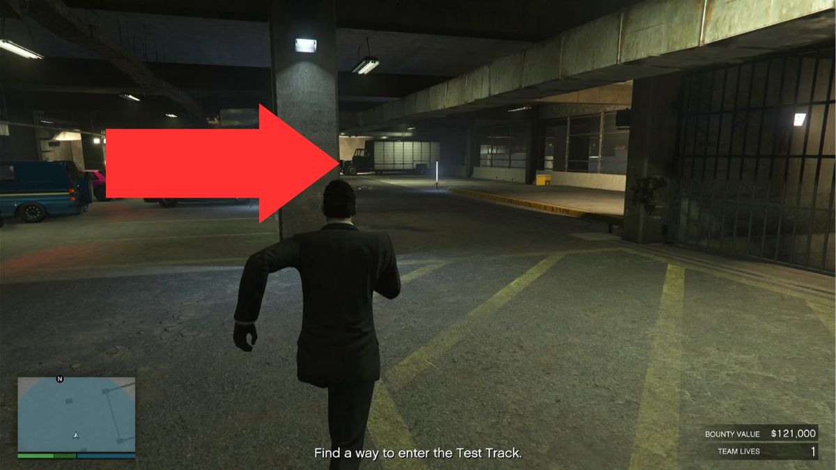 Arrow showing the location of the truck needed to get into the Test Track in the Omar Garcia bounty mission. 