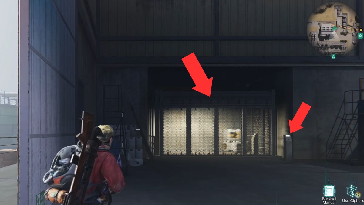 Arrows highlight the elevator and control panel needed to access the Mystical Crate at the Greywater Industrial Zone in Once Human.