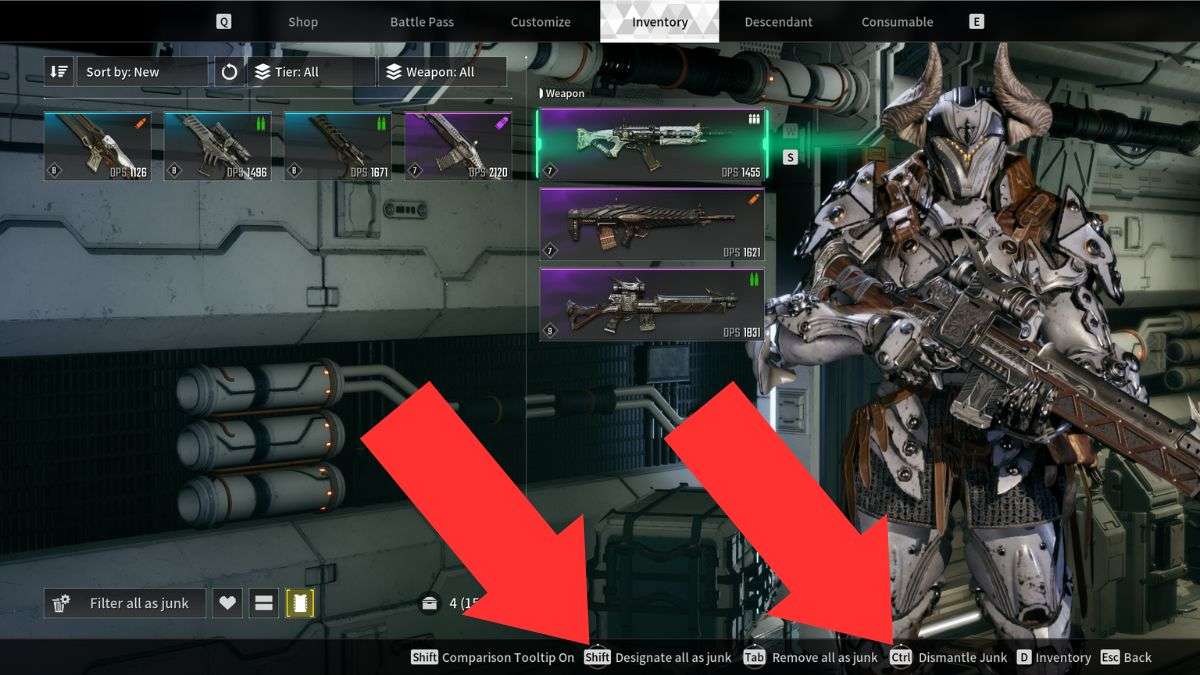 Arrows showing location of mass clear inventory buttons in The First Descendant.