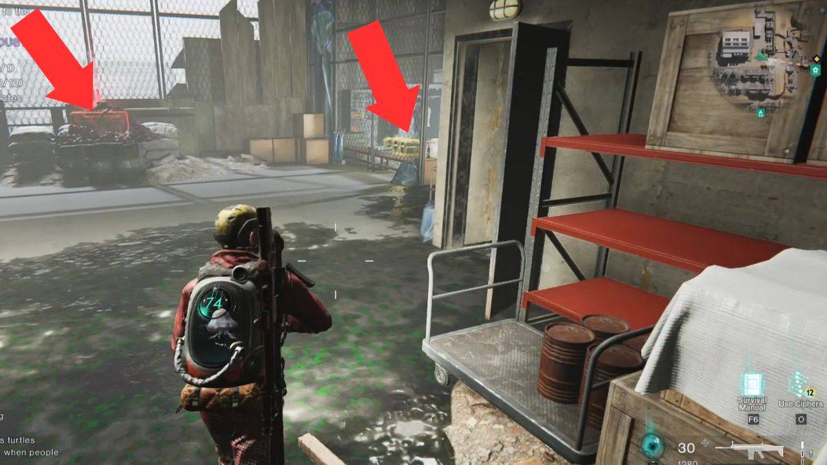 Arrows showing the location of the Mystical Crate and a Weapons Crate at Greywater Industrial Zone in Once Human.