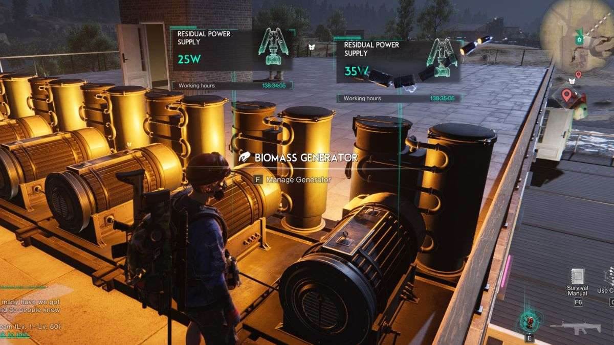 Biomass generators producing power in Once Human, with an Electric Eel boosting one of the generators.