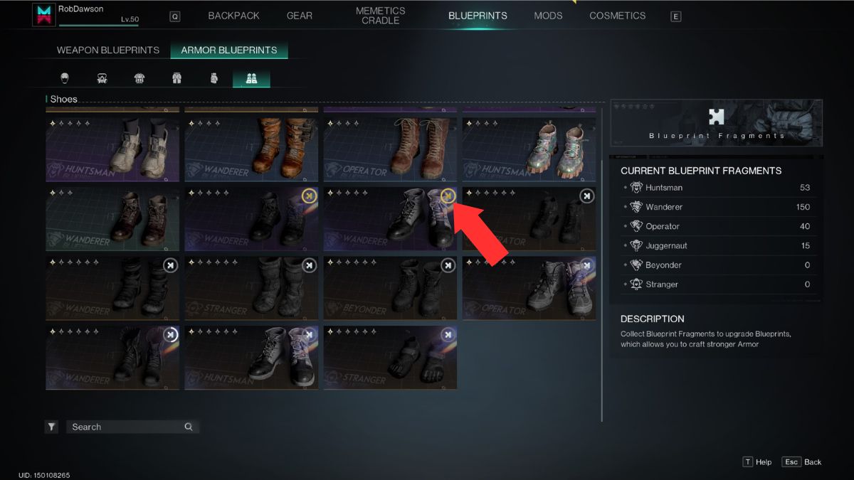 Blueprints that are ready to unlock marked by an arrow for beginners in Once Human.