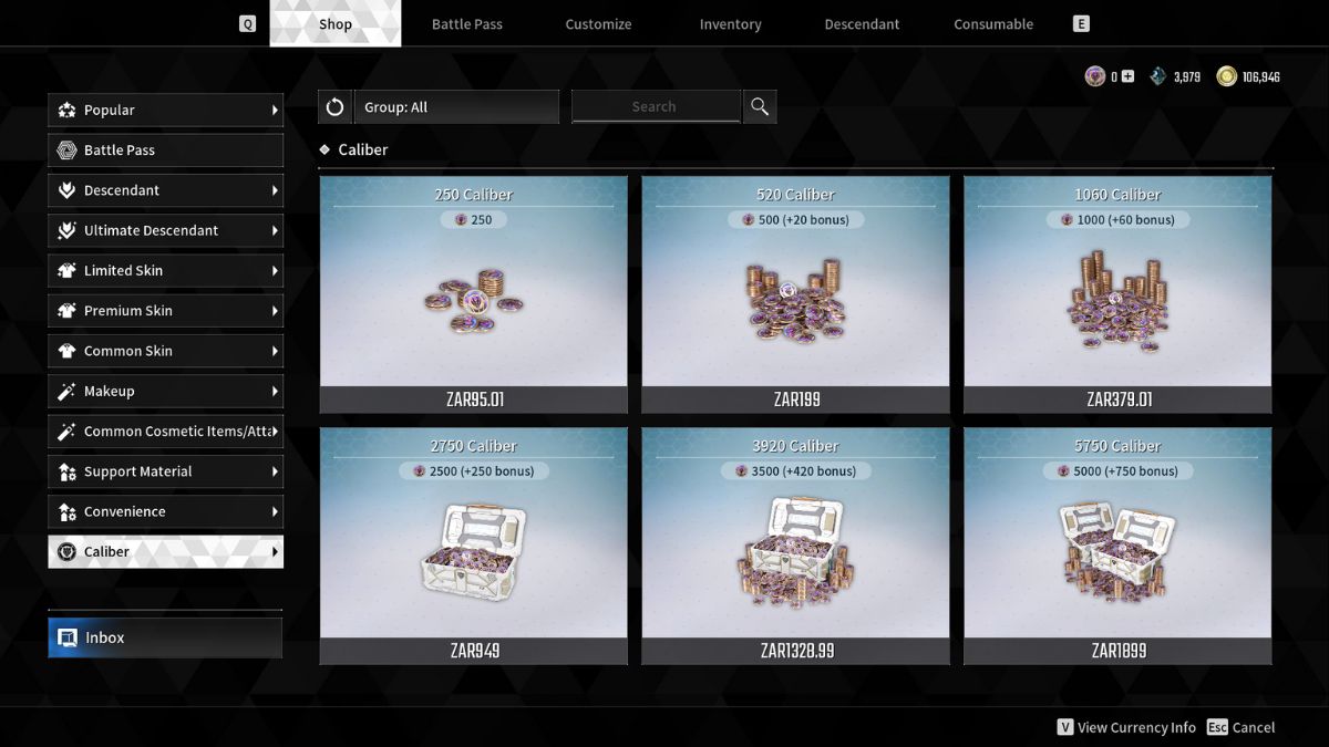 The First Descendant's cash shop showing the Caliber that is giving players errors. 