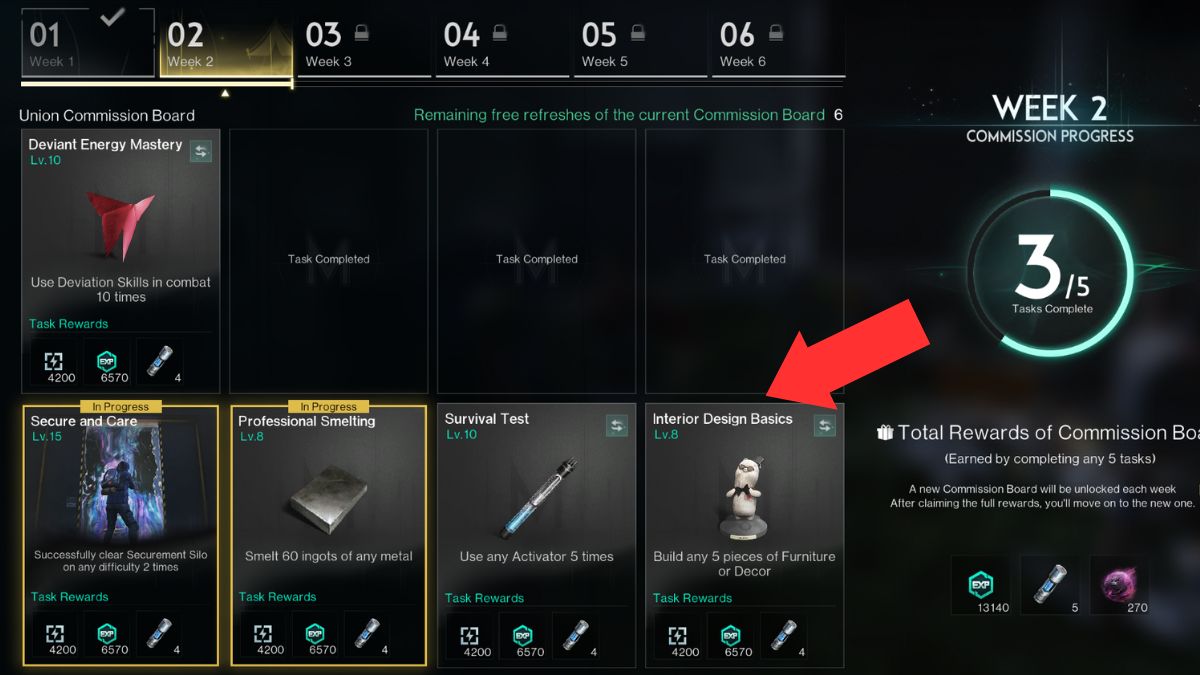 The commissions list in Once Human with the available commissions highlighted by an arrow.