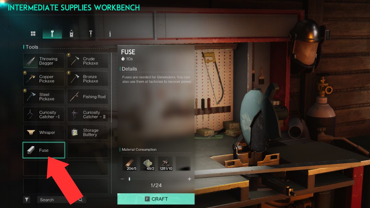 The crafting screen at the supply bench in Once Human showing where to craft fuses for power generation.