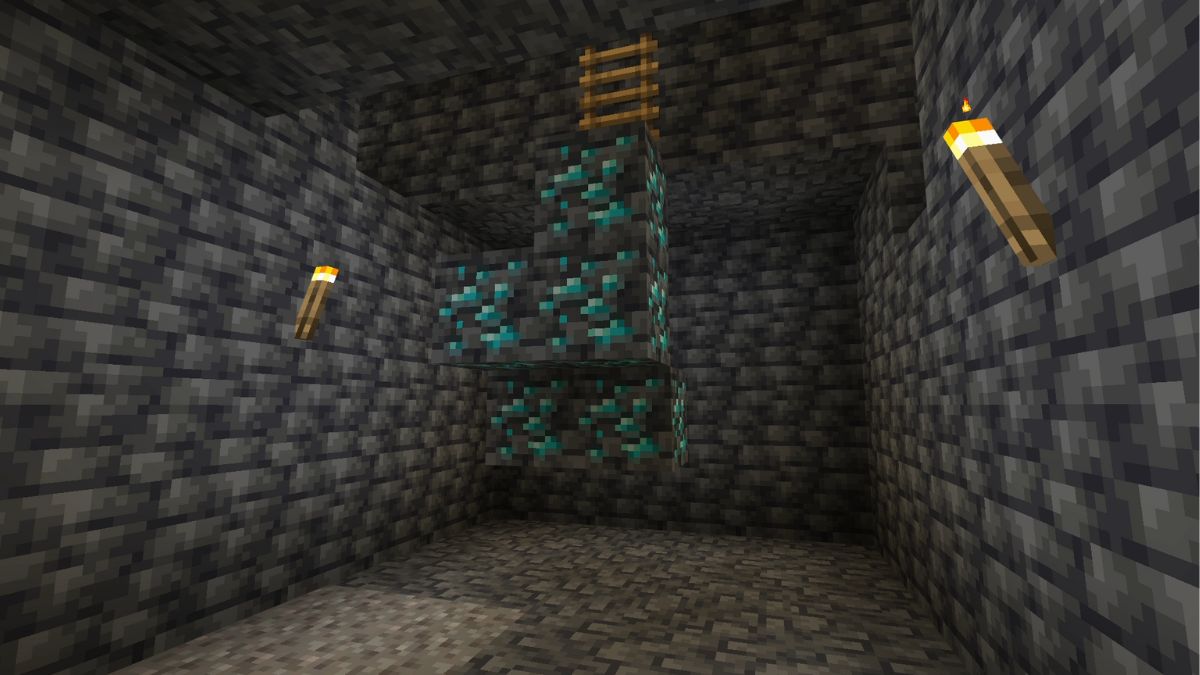 A player showing the safest way to mine Diamonds in Minecraft by removing all surrounding blocks.