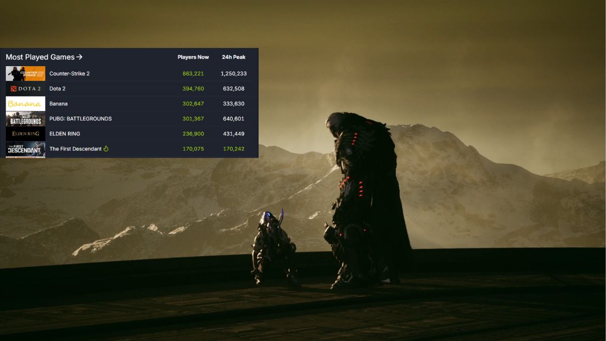 A core enemy attacks a character in The First Descendant, with a Steam Chart overlay.