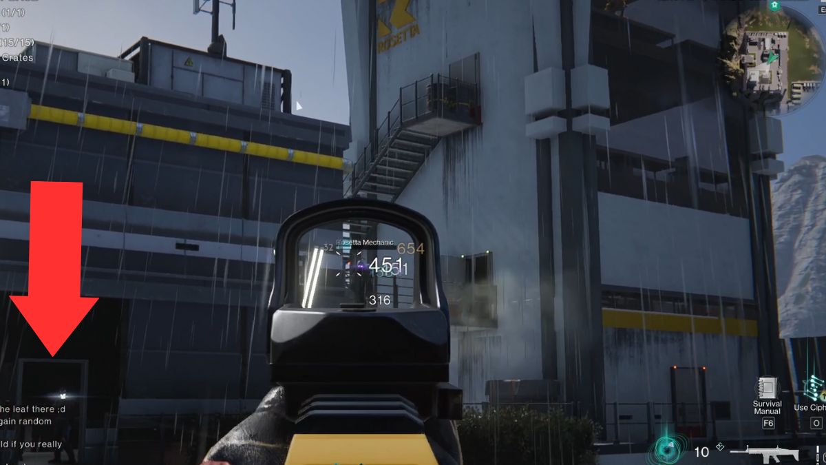 The entrance to a building with a weapon crate inside at Gaia Military Base marked with an arrow.