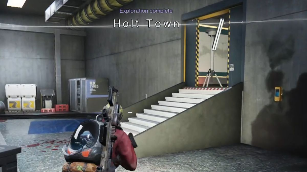 The Exploration Complete message appears on screen as the player finished at Holt Town in Once Human.
